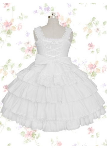 White Cotton Straps Sleeveless Knee-length Ruffles Sweet Lolita Dress With Bow