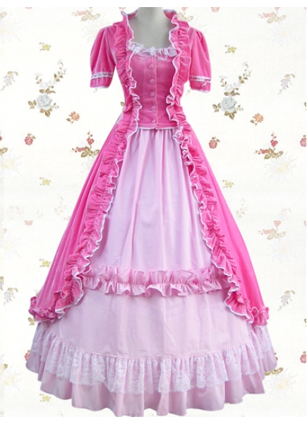 Crimson And Pink Square-collar Half Sleeve Ankle-length Ruffles Sweet Lolita Dress