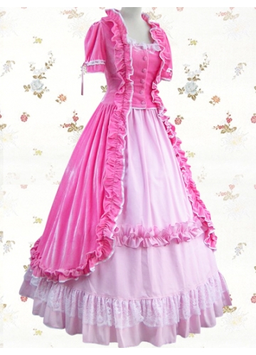 Crimson And Pink Square-collar Half Sleeve Ankle-length Ruffles Sweet Lolita Dress