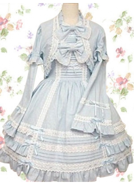 Sweet Cotton Turtleneck Trumpet Sleeves Empire Knee-length Ruffles Lolita Dress With Bow