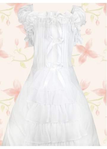 White Satin Round Neck Short Sleeve Ankle-length Ruffles Sweet Lolita Dress