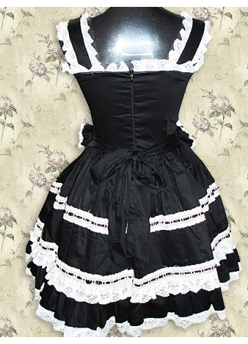 Sweet Black And White Cotton Sleeveless Knee-length Ruffles Lolita Dress With Bow