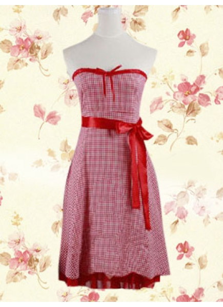 Stylish Red And White Cotton Strapless Sleeveless Empire Sash Knee-length Plaid Sweet Lolita Dress