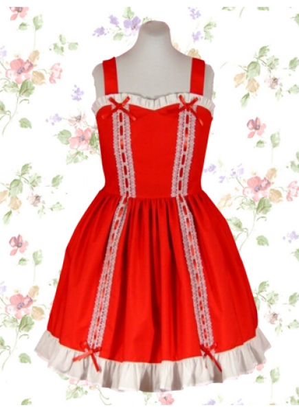 Stylish Red Cotton Straps Sleeveless Bow Lace Sweet Lolita Dress