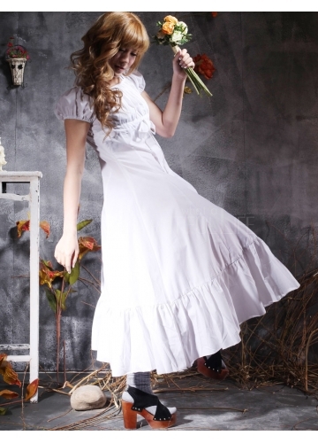 White Cotton Scoop Short Sleeves Tea-length Ruffles Sweet Lolita Dress
