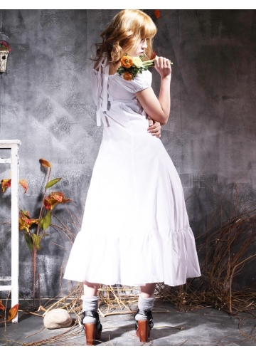 White Cotton Scoop Short Sleeves Tea-length Ruffles Sweet Lolita Dress