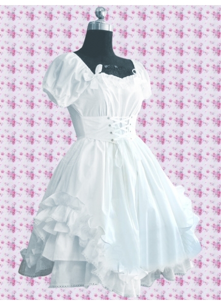 White Cotton Sweetheart Puff Sleeves Knee-length Ruffles Sweet Lolita Dress