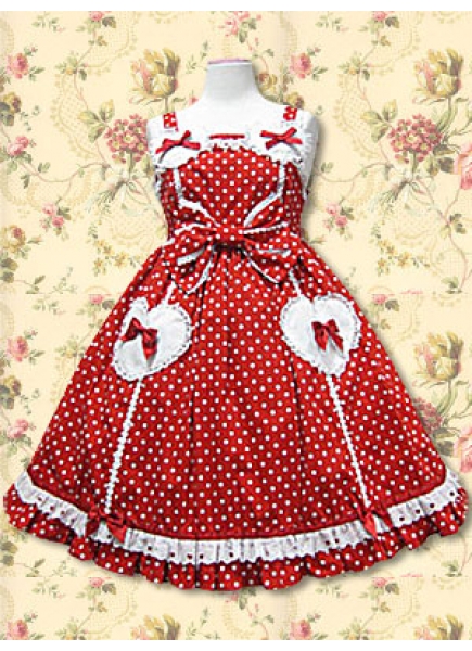 Red Cotton Straps Sleeveless Knee-length Lace Bow Applique Sweet Lolita Dress