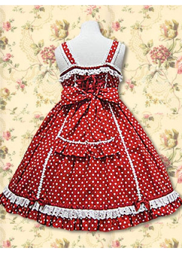 Red Cotton Straps Sleeveless Knee-length Lace Bow Applique Sweet Lolita Dress