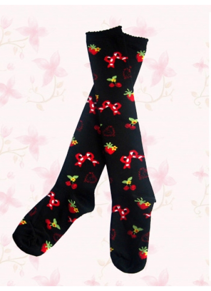 Kawaii Jacquard Strawberry And Bow Cotton Lolita Knee Stockings