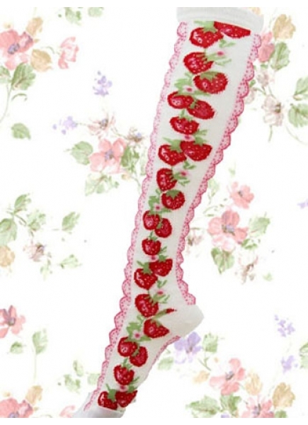 White Strawberry Cotton Polyester Lolita Knee Stockings