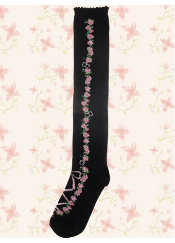 Lovely Rose Pattern Black Cotton Polyester Lolita Knee Stockings