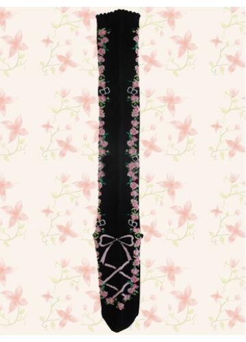 Lovely Rose Pattern Black Cotton Polyester Lolita Knee Stockings