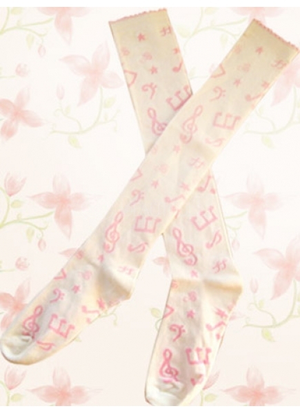 Lovely Pink Music Note White Lolita Knee Stockings