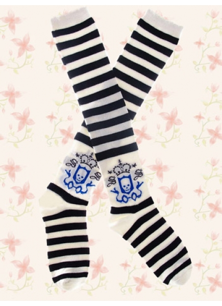 Black White Stripes And Skull Pattern Lolita Knee Stockings