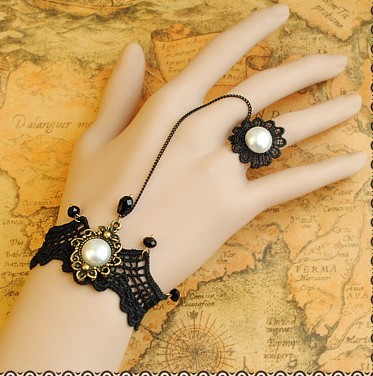 Retro Black Lace attached Ring Pearl Lolita Bracelet