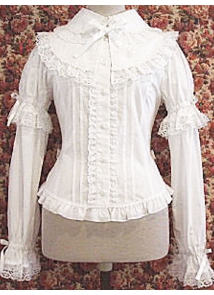 White Cotton Turndown Collar Long Sleeves Classic Lolita Blouse With Lace