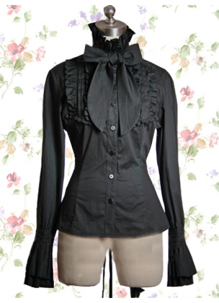 Black Cotton Stand Collar Long Sleeves Classic Lolita Blouse With Bow