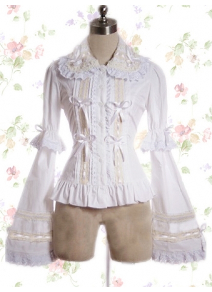 White Cotton Turndown Collar Trumpet Sleeves Classic Lolita Blouse With Ribbon