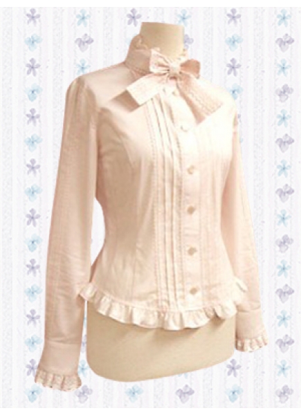 White/Pink Cotton Stand Collar Long Sleeves Classic Lolita Blouse