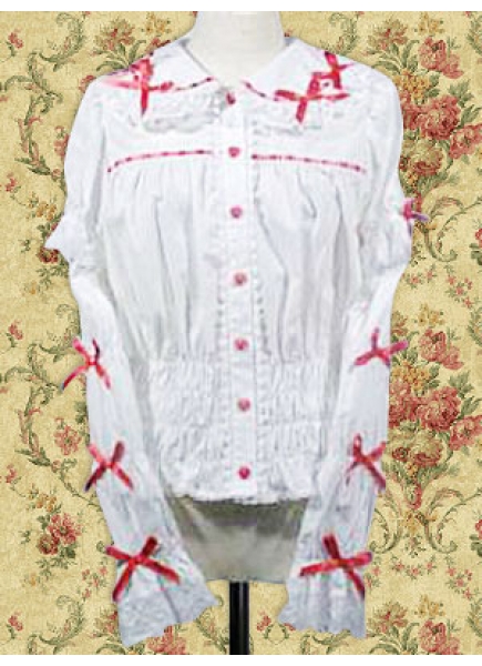 Pink and White Cotton Turndown Collar Long Sleeves Classic Lolita Blouse With Lace And Ribbon