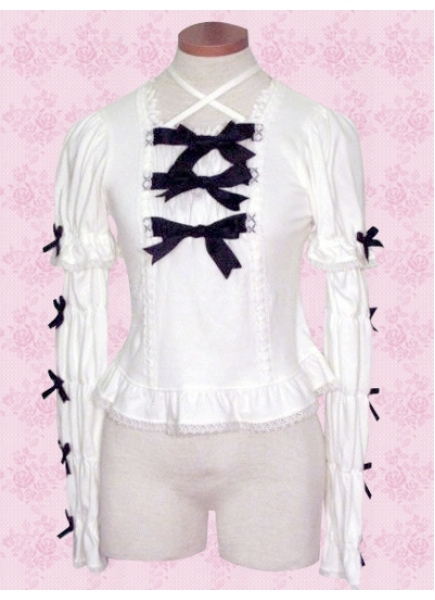 Cotton White Long Sleeve Ruffled Bow Classic Lolita Blouse