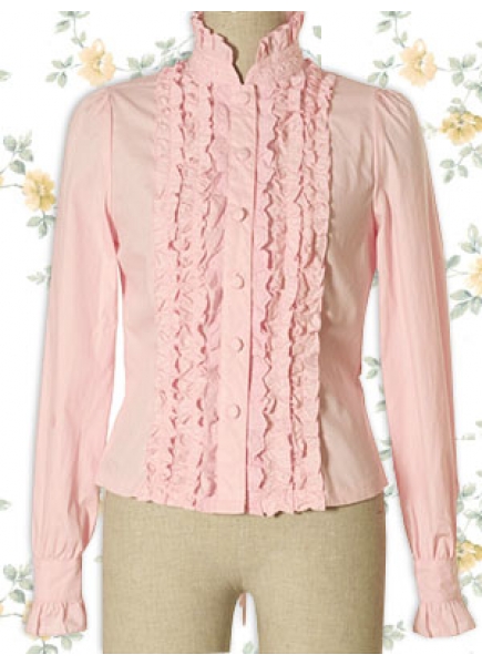 Pink Cotton Stand Collar Ruffles Classic Lolita Blouse
