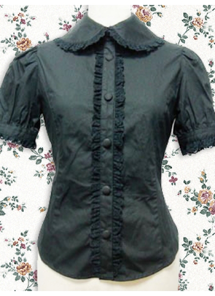 Black Cotton Turndown Collar Short Sleeves Ruffles Classic Lolita Blouse