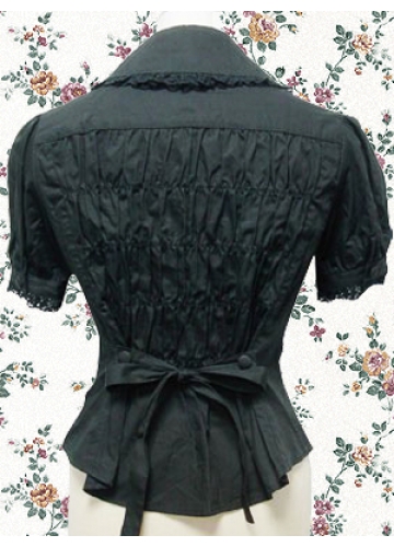 Black Cotton Turndown Collar Short Sleeves Ruffles Classic Lolita Blouse