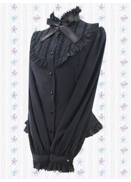 Black Cotton Long Sleeves Classic Lolita Blouse With Bow And Lace Trim