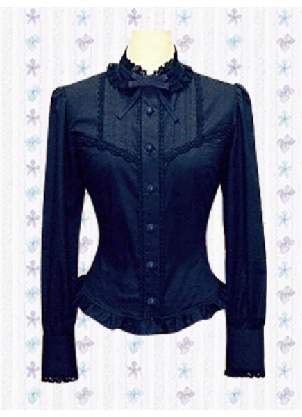 Black Cotton Stand-up Collar Long Sleeves Classic Lolita Blouse With Lace And Ribbon