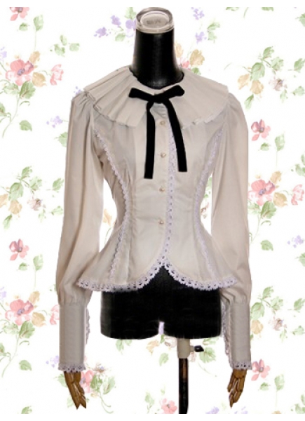White Cotton Turndown Collar Long Sleeves Ribbon Lolita Blouse