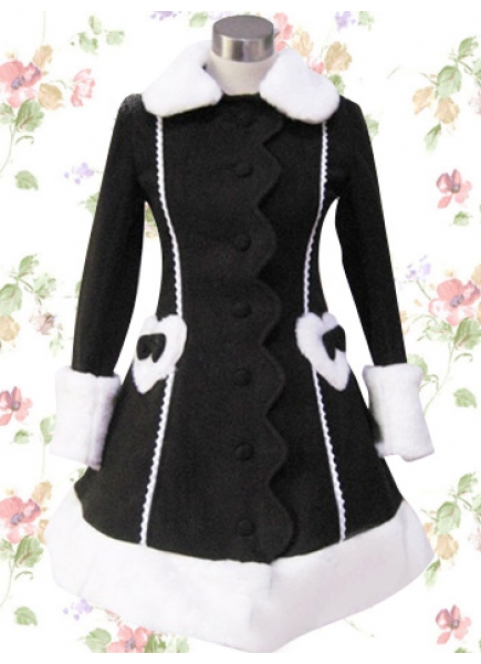 Graceful Black Wool Turndown Collar Long Sleeves Sweet Lolita Coat/Jacket With Wool Trim And Pocket