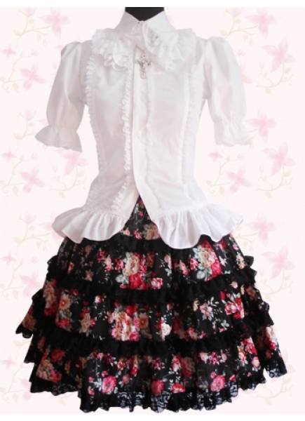 Floral Cotton Turndown Collar Short Sleeves Classic Lolita Suit