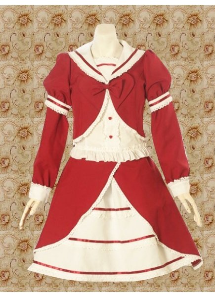 Red And White Cotton Turndown Collar Long Sleeve Sweet Lolita Skirt Outfit