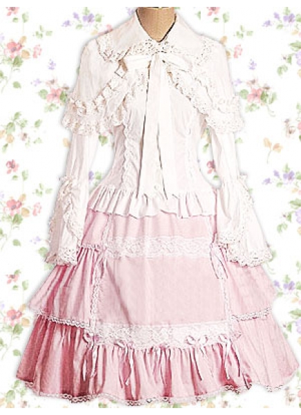 White And Pink Cotton Turndown Collar Long Sleeves Classic Lolita Skirt Outfit With Floral