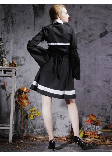 Short Black And White Cotton Turndown Collar Long Sleeve Gothic Lolita Dress