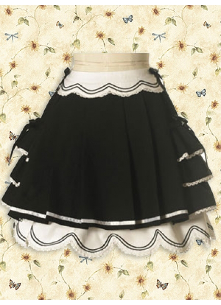 Short Black Cotton Lolita Skirt With Flouncing Hemline