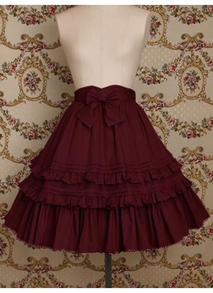 Burgundy Cotton Knee-length Sweet Lolita Skirt With Ruffles Hemline