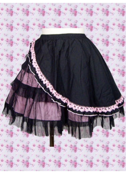 Black And Pink Cotton Short Sweet Lolita Skirt With Black Tulle Lace Trim Hemline