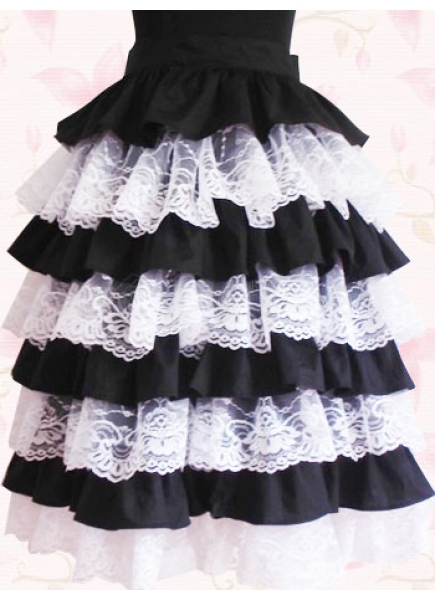 Black Lace Cotton Knee-length Sweet Lolita Skirt With Ruffles