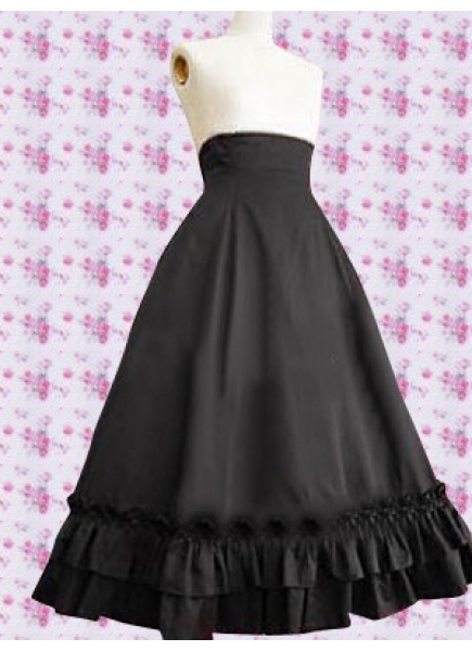 Black Cotton Tea-length Sweet Lolita Skirt With Ruffles Hemline
