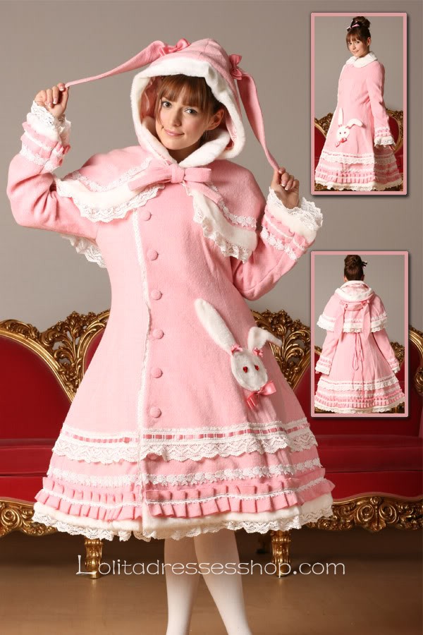 Pink Sweet Rabbit Wool Coat Lolita w/ Cape