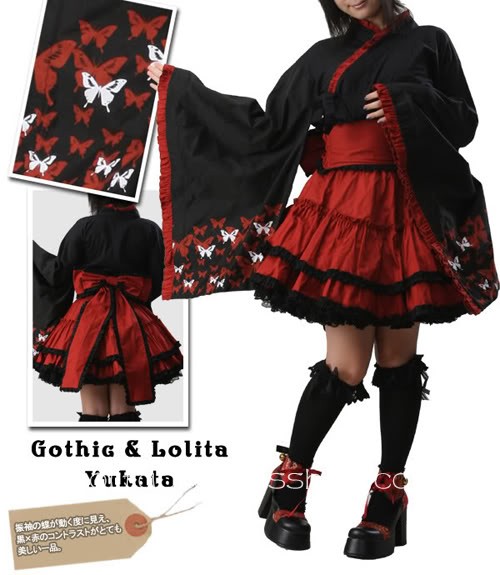Black Japanese Gothic Lolita Furisode Yukata