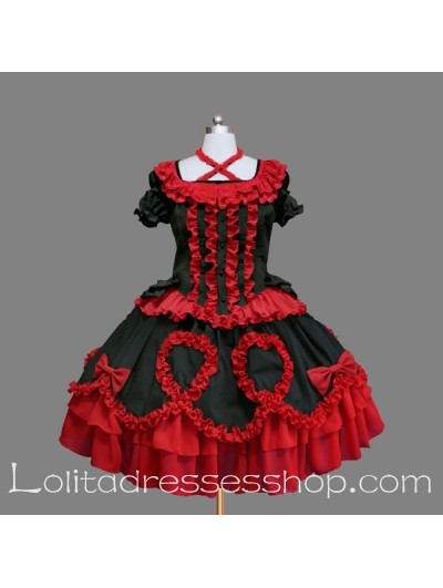 Black and Red Cotton Scoop Short Sleeves Gothic Lolita Dress