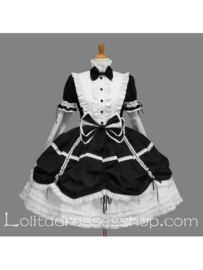 Black and White Cotton High Collar Short Sleeves Classic Lolita Dress