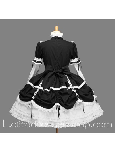 Black and White Cotton High Collar Short Sleeves Classic Lolita Dress