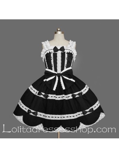 Black and White Cotton Scoop Sleeveless Lace Gothic Lolita Dress