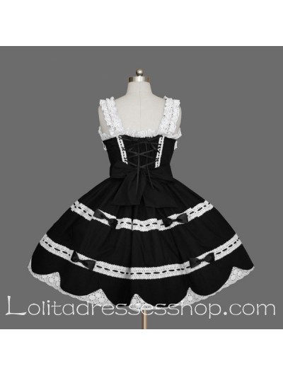 Black and White Cotton Scoop Sleeveless Lace Gothic Lolita Dress