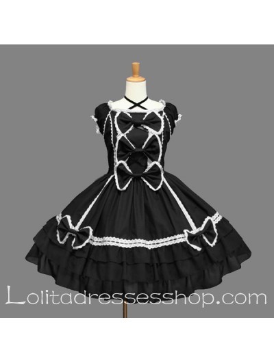 Black and White Cotton Scoop Lace Bow Gothic Lolita Dress